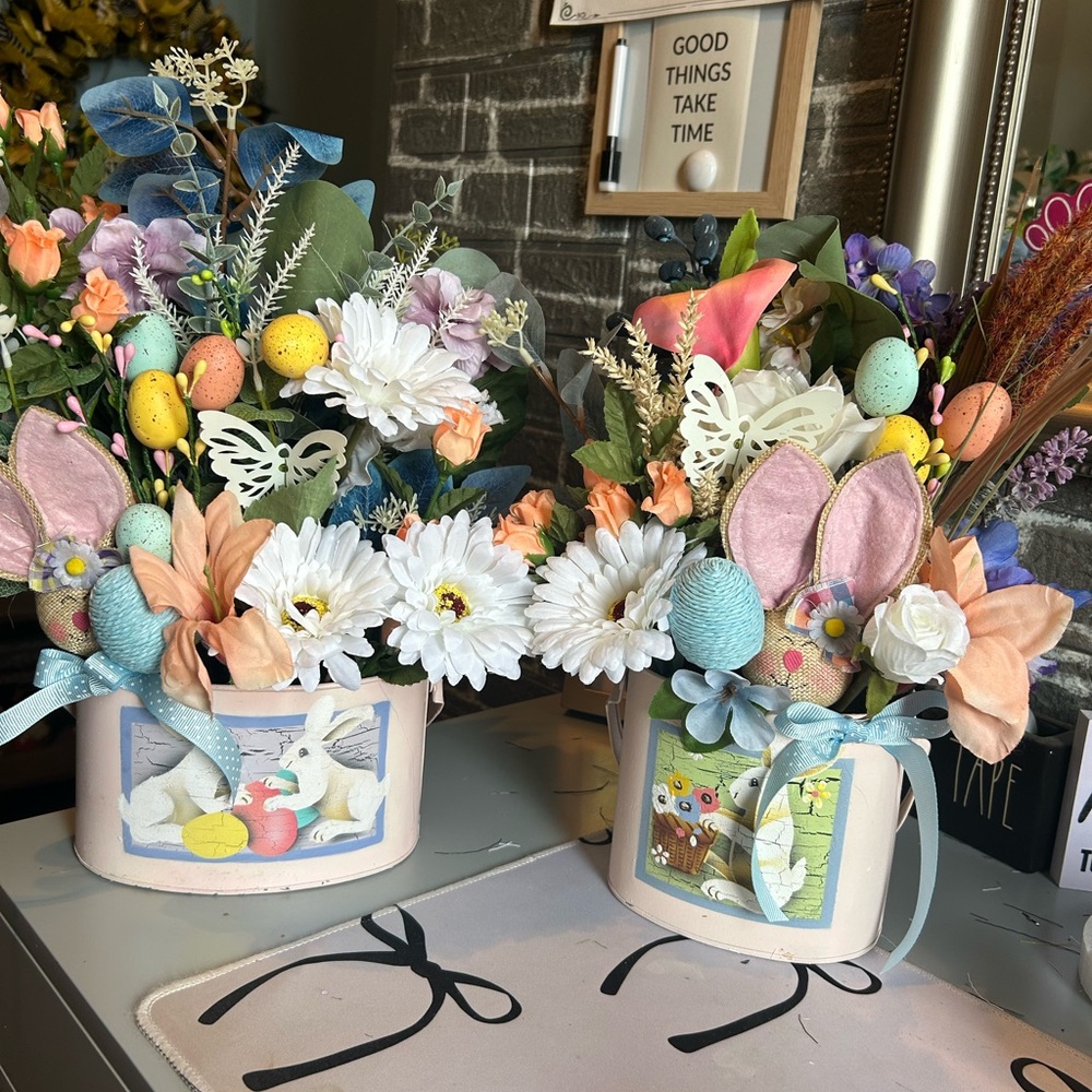 Springtime Bunny Floral Arrangement with Decorative Eggs